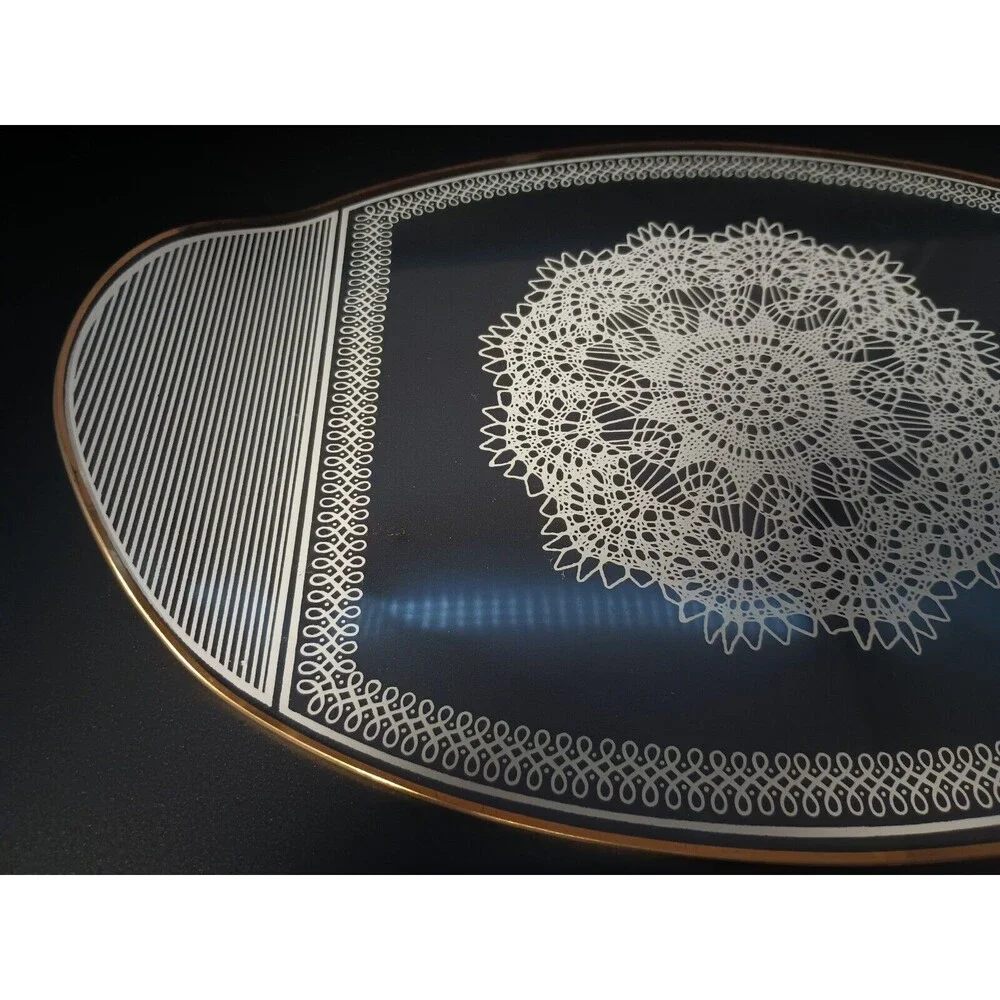 Vintage Glass Vanity Tray Oval White Doily Gold Rim